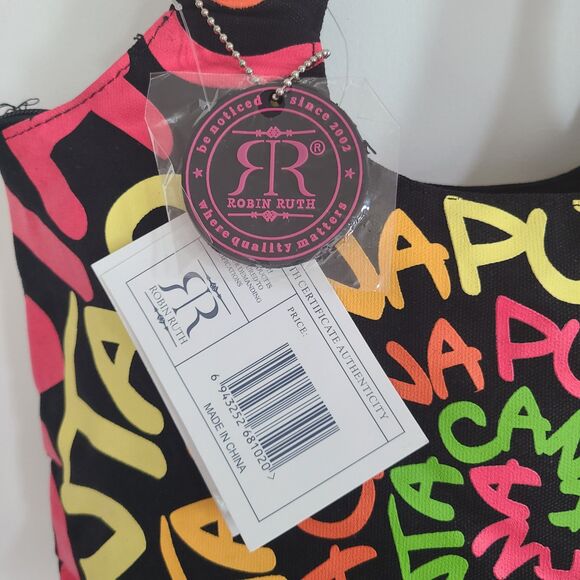 NWT Robin Ruth Hobo Tote Punta Cana Canvas Neon Logo Zipper Close COA New - Picture 3 of 10